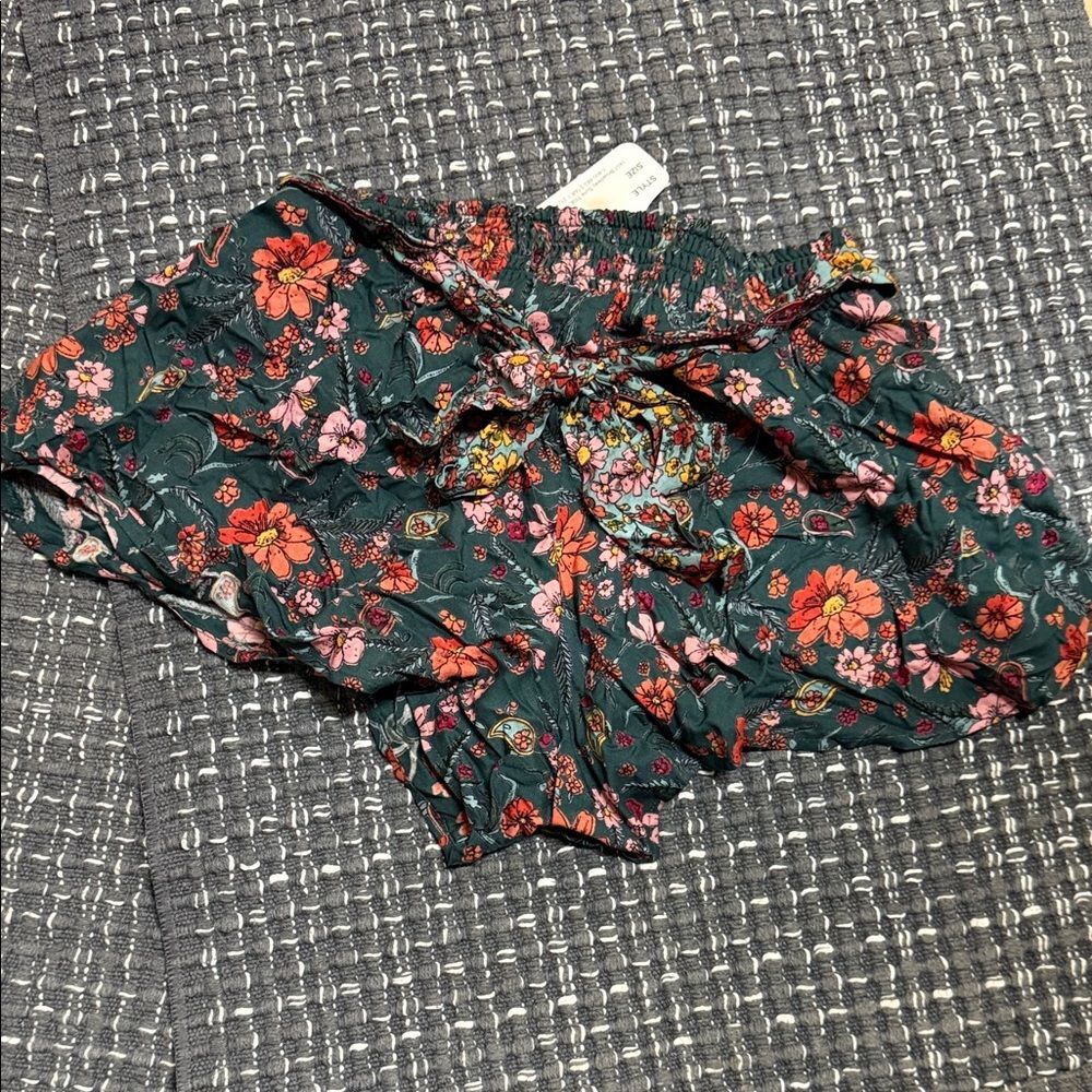 Angie Green Floral Smocked Waist Rayon Shorts with Pink & Coral Blooms